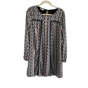 Maurices Women M Black Geometric Print L/S Button Keyhole Neck Lined Shift Dress